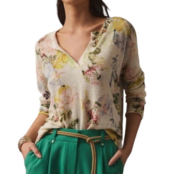 By Anthropologie Printed V Neck Sweater Linen Blend Abstract Floral NWOT - Picture 1 of 12